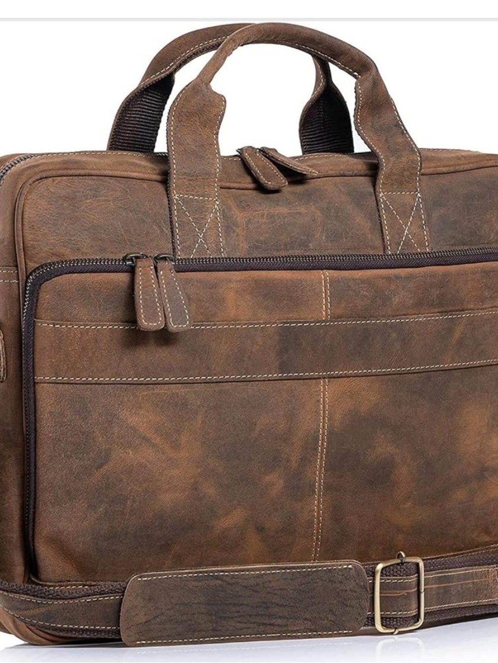 Men's Brown Leather Laptop Briefcase with Shoulder Strap